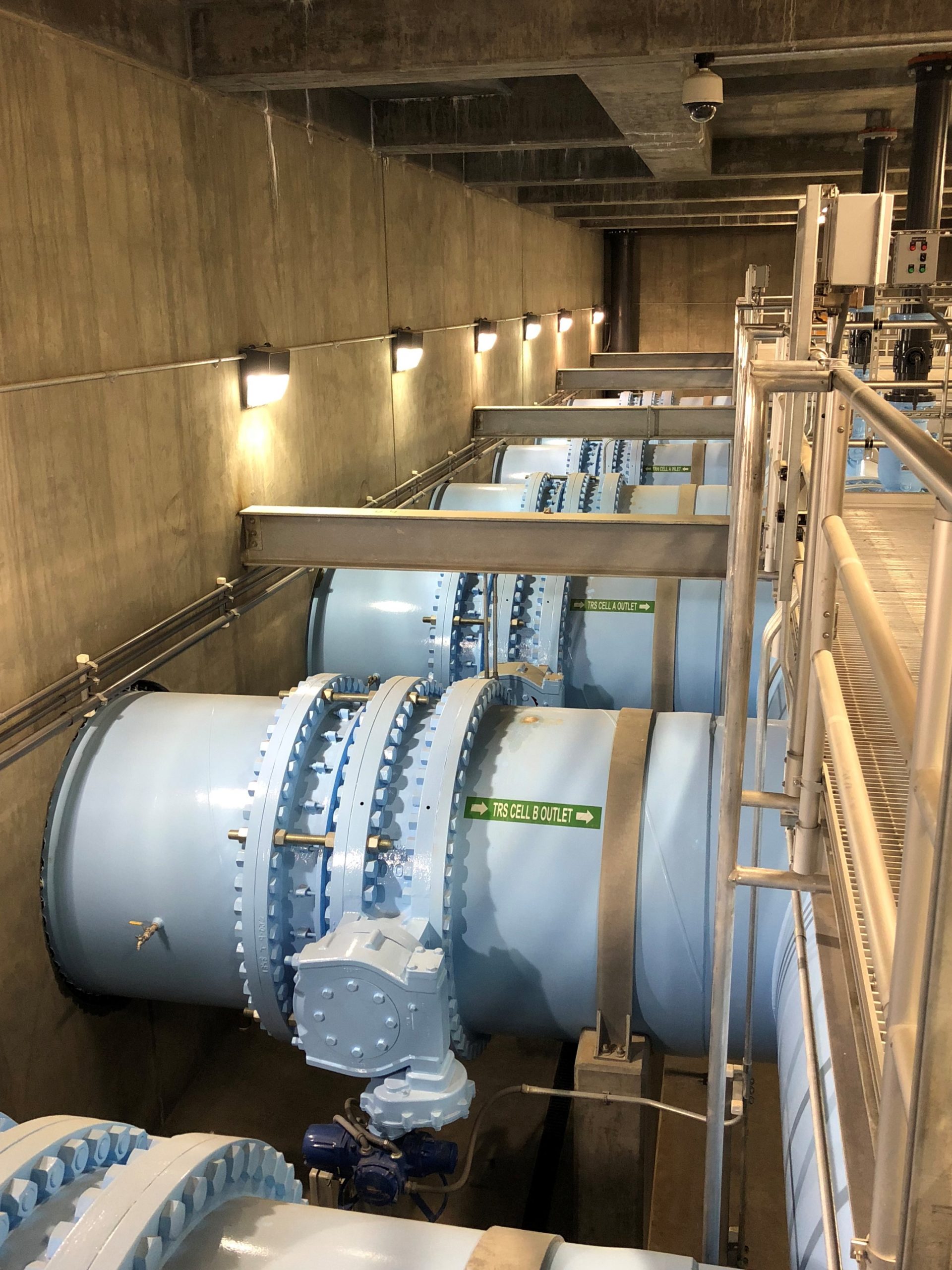 Indoor structure of Terminal Reservoir housing large metal water tanks.